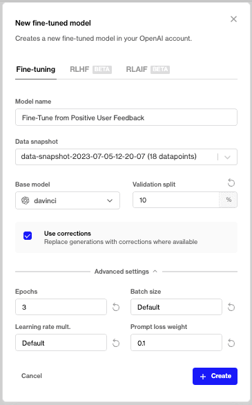 Humanloop helps you fine-tune GPT-3.5 in just a few clicks.