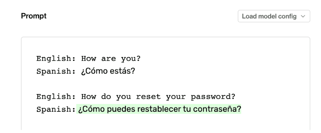 An example of few-shot learning with GPT-3 is where the English to Spanish translation task's direct instruction has been replaced with a single example. The model was able to recognize and respond accordingly.