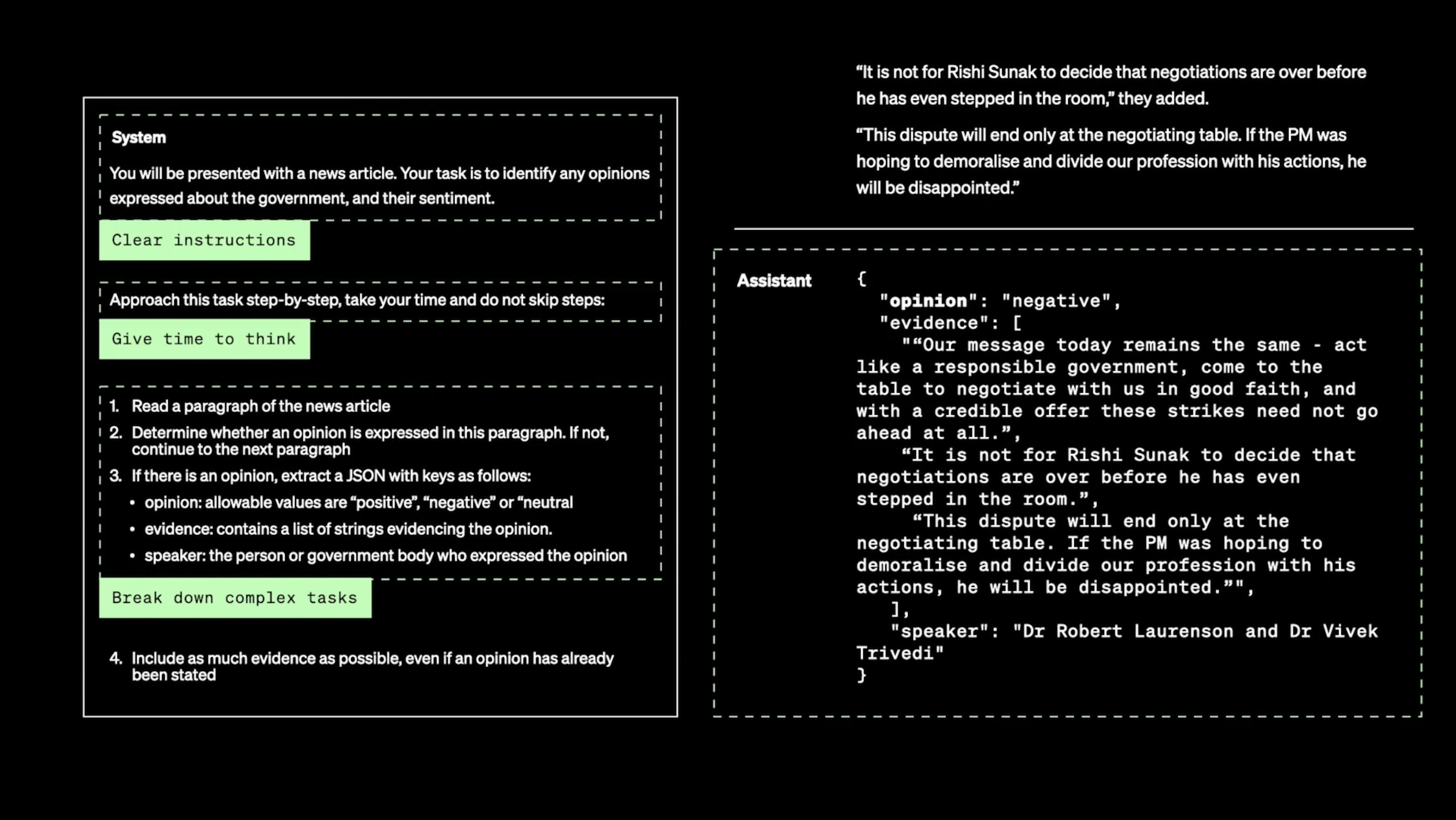 An example from the talk where the task is given in clear instructions, then extended with some guidance to think step-by-step and some structure for how to do so.