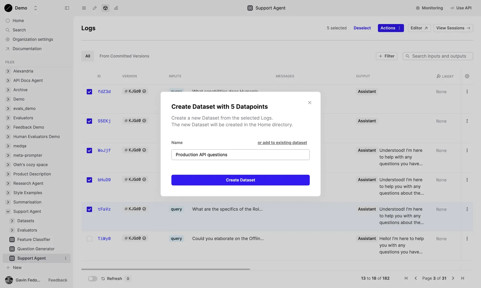 Create a new dataset from logs.