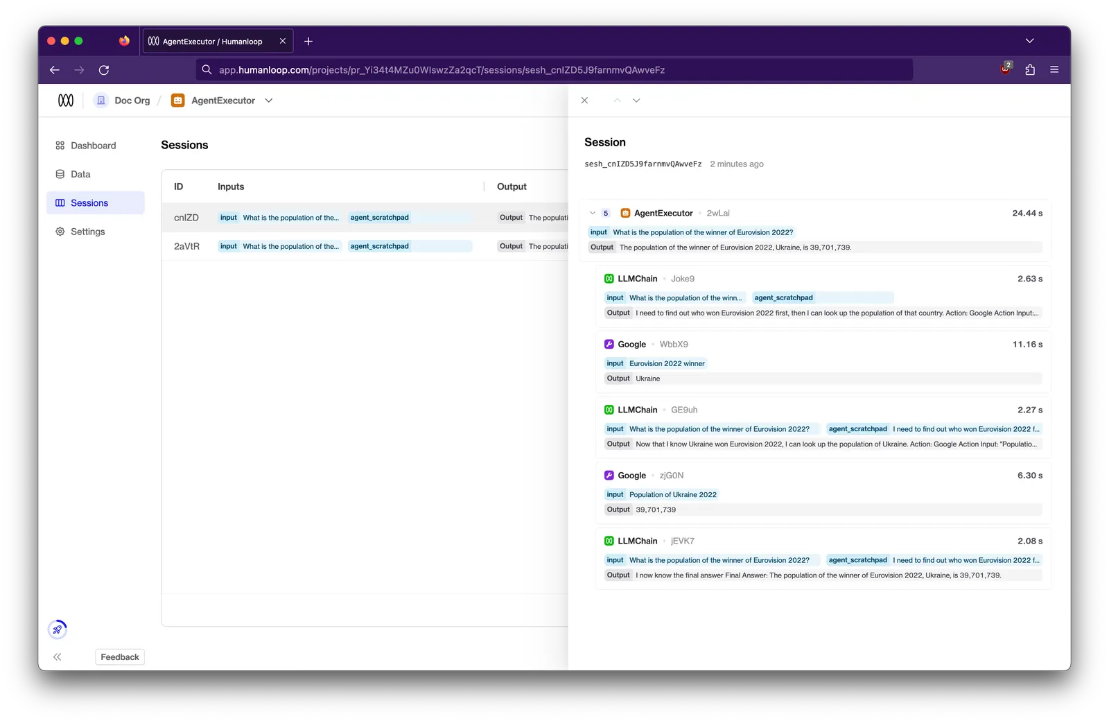 Trace of an Agent's steps logged as a session