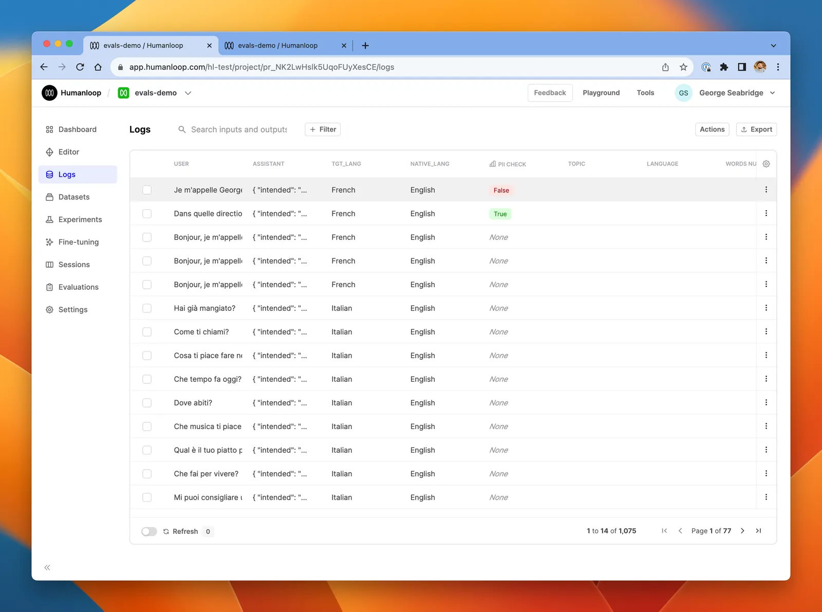The logs table, showing that the **PII check** evaluator ran on the latest logs.