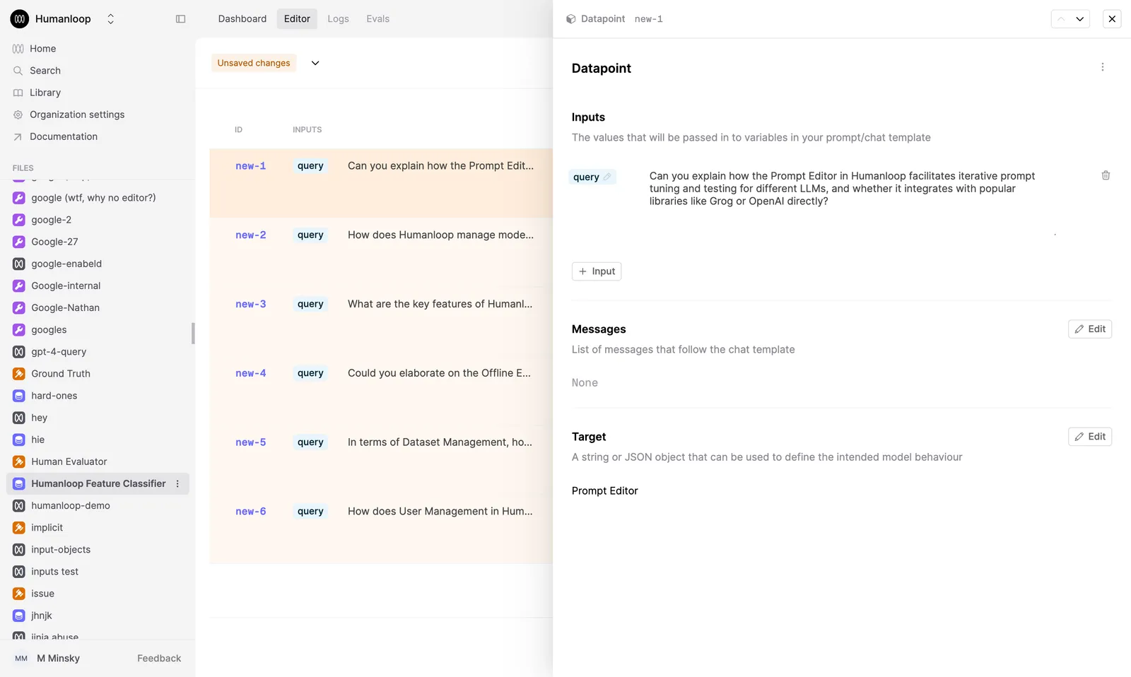Inspect the Dataset created from the CSV file.