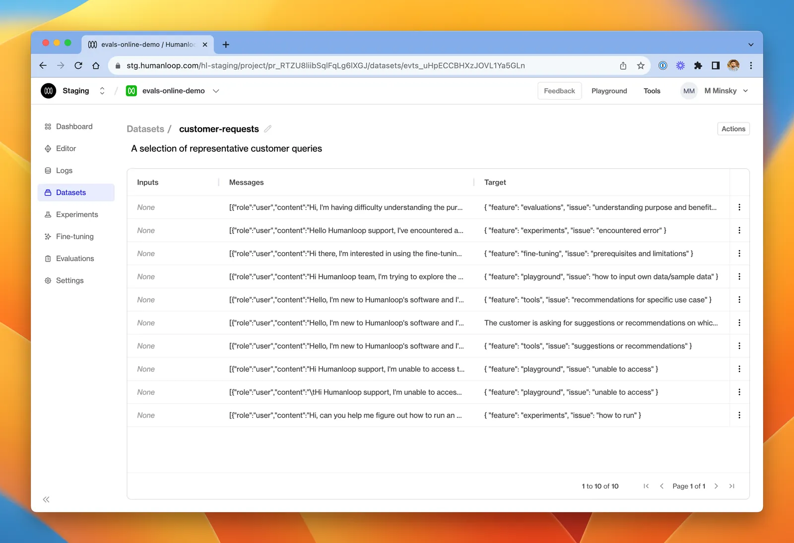 The newly created dataset, containing datapoints converted from existing logs in the project.