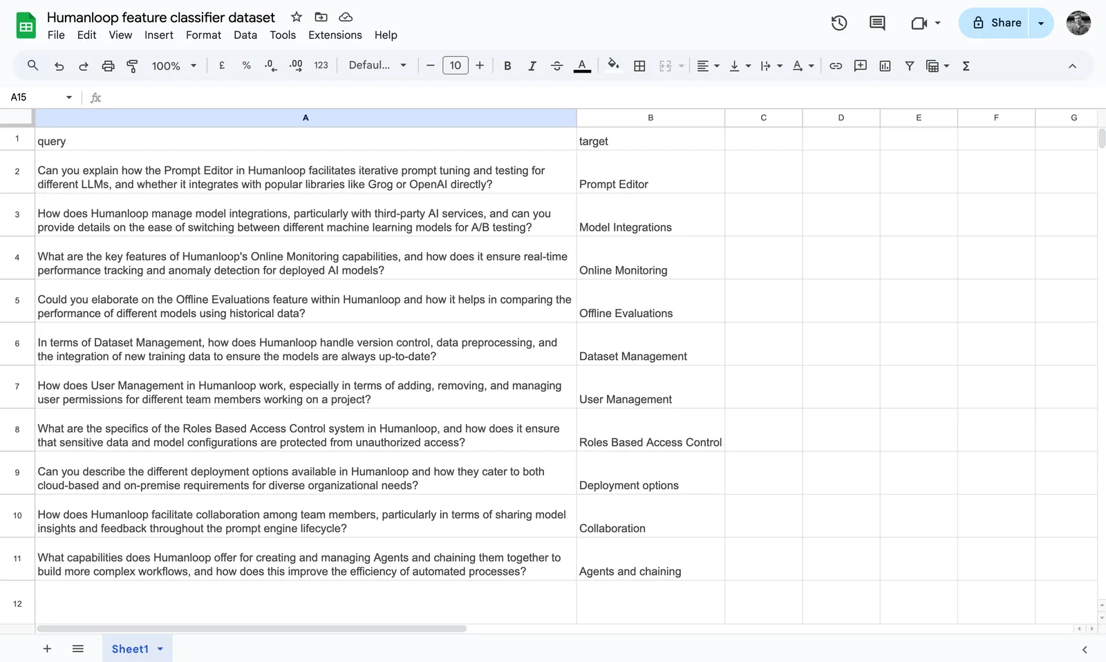 A CSV file in Google Sheets defining query and target pairs for our Classifier Prompt.