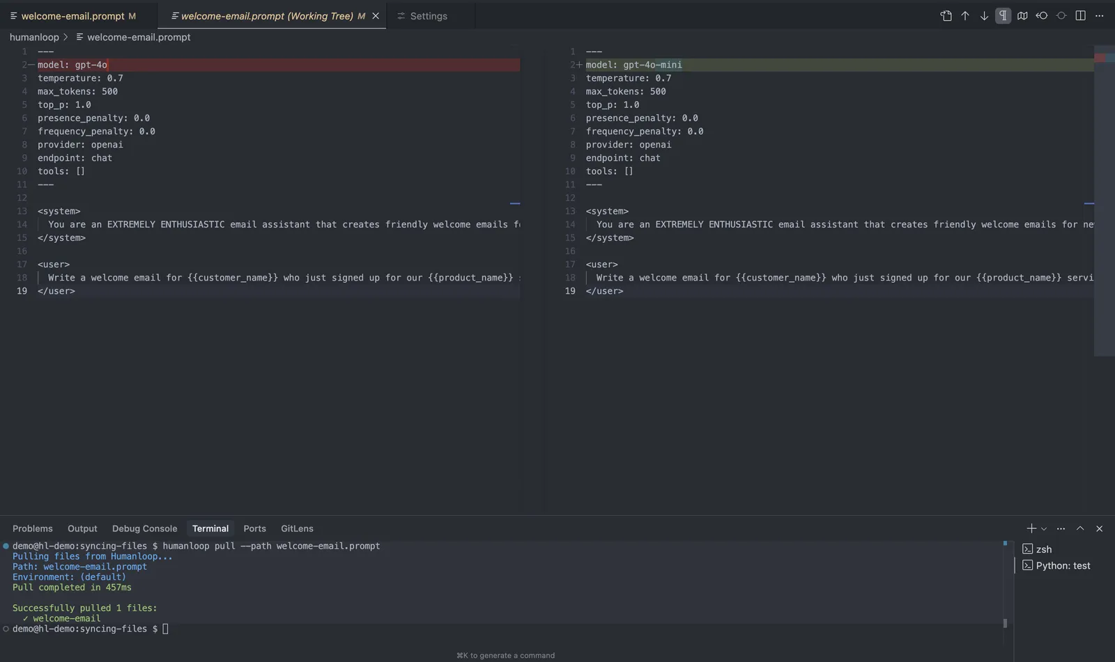 Git diff showing Prompt changes