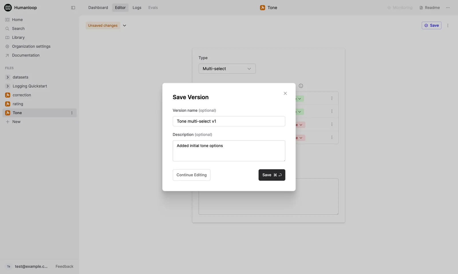 Save dialog over the "Tone" Evaluator