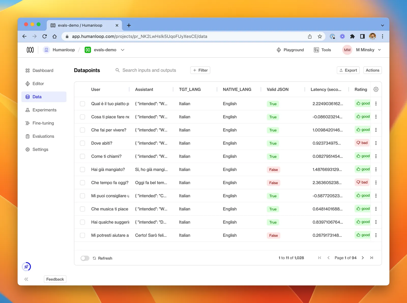 The **Data** tab for a project, showing the **Valid JSON** Evaluation Results for a set of datapoints.