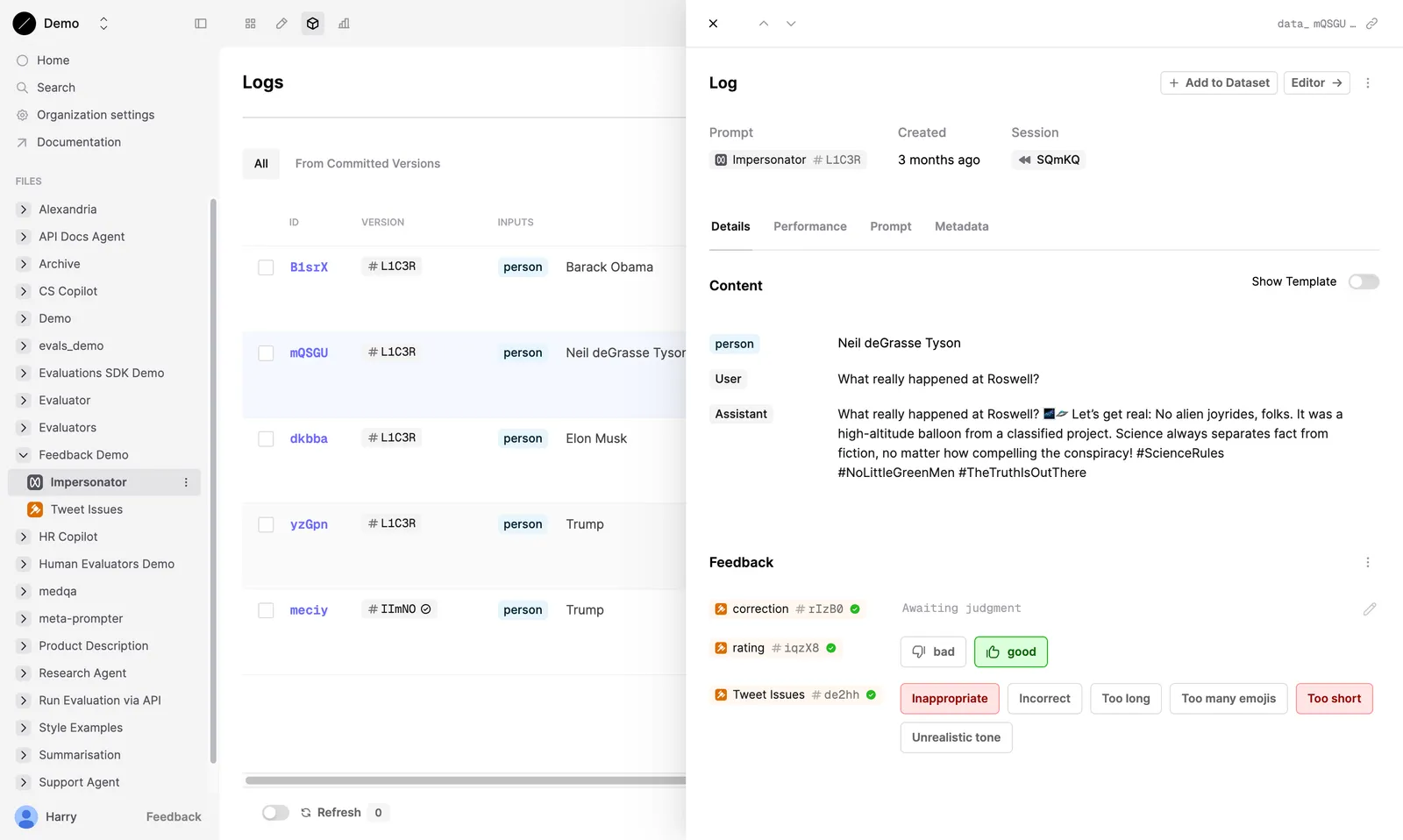 Log drawer showing feedback section