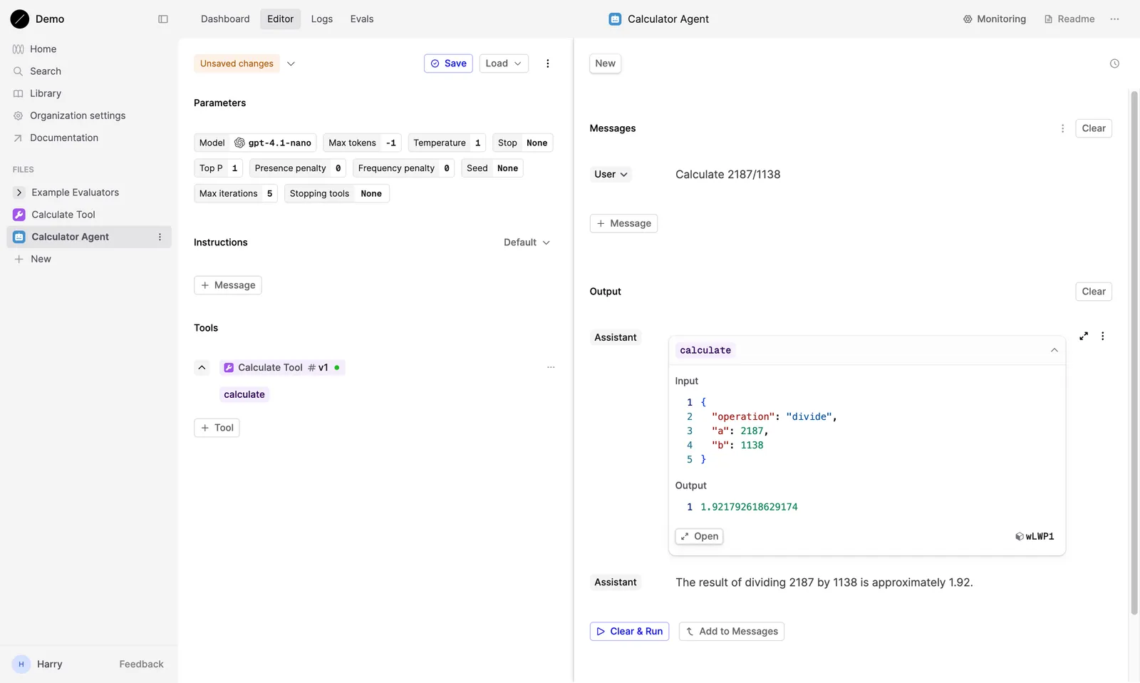Agent Editor with a Calculator Tool linked. The Tool is called by the Agent and the results are shown.