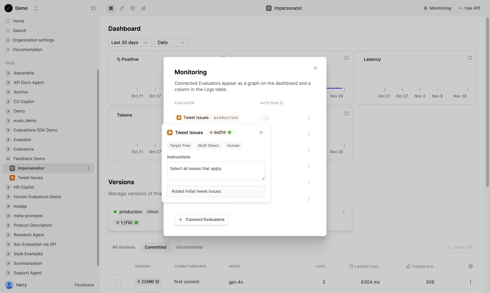 Monitoring dialog showing the "Tweet Issues" Evaluator attached to the Prompt