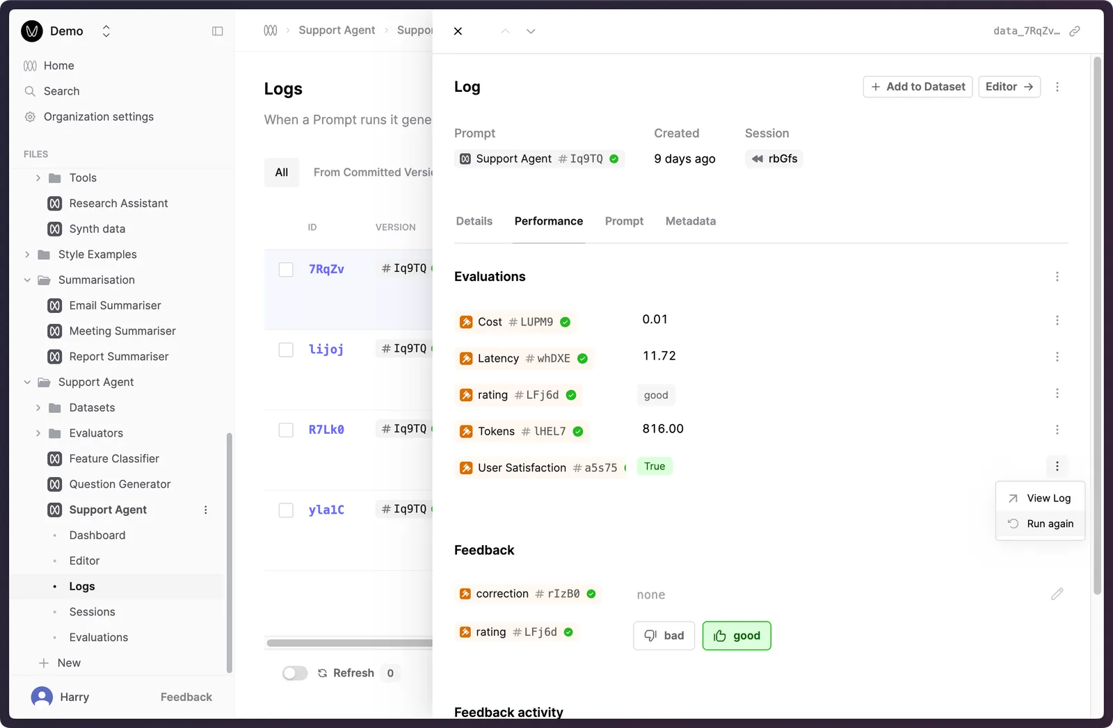 Log drawer's Evaluation tab with the "Run again" menu open