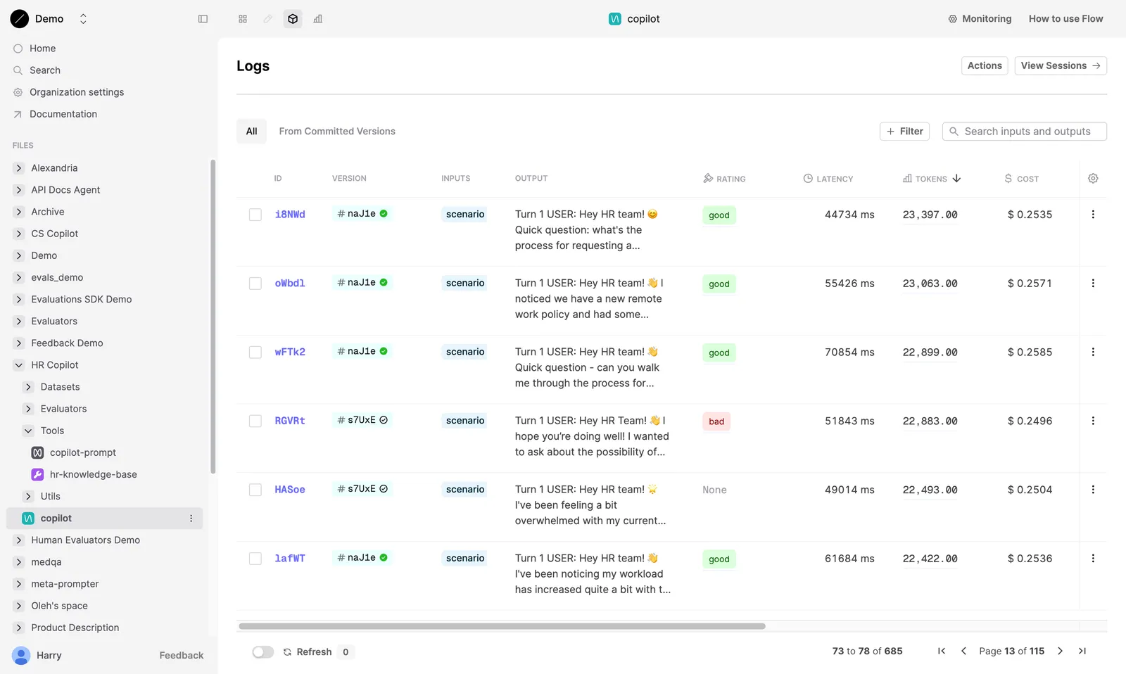 The Logs table includes a column for each monitoring Evaluator.
