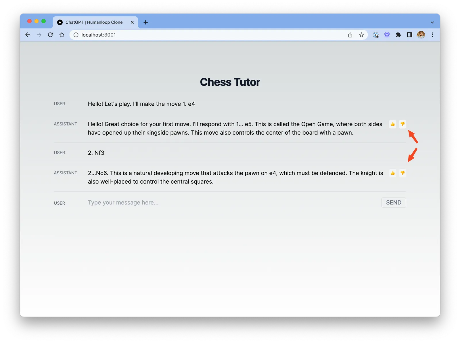 Chat interface with feedback buttons.
