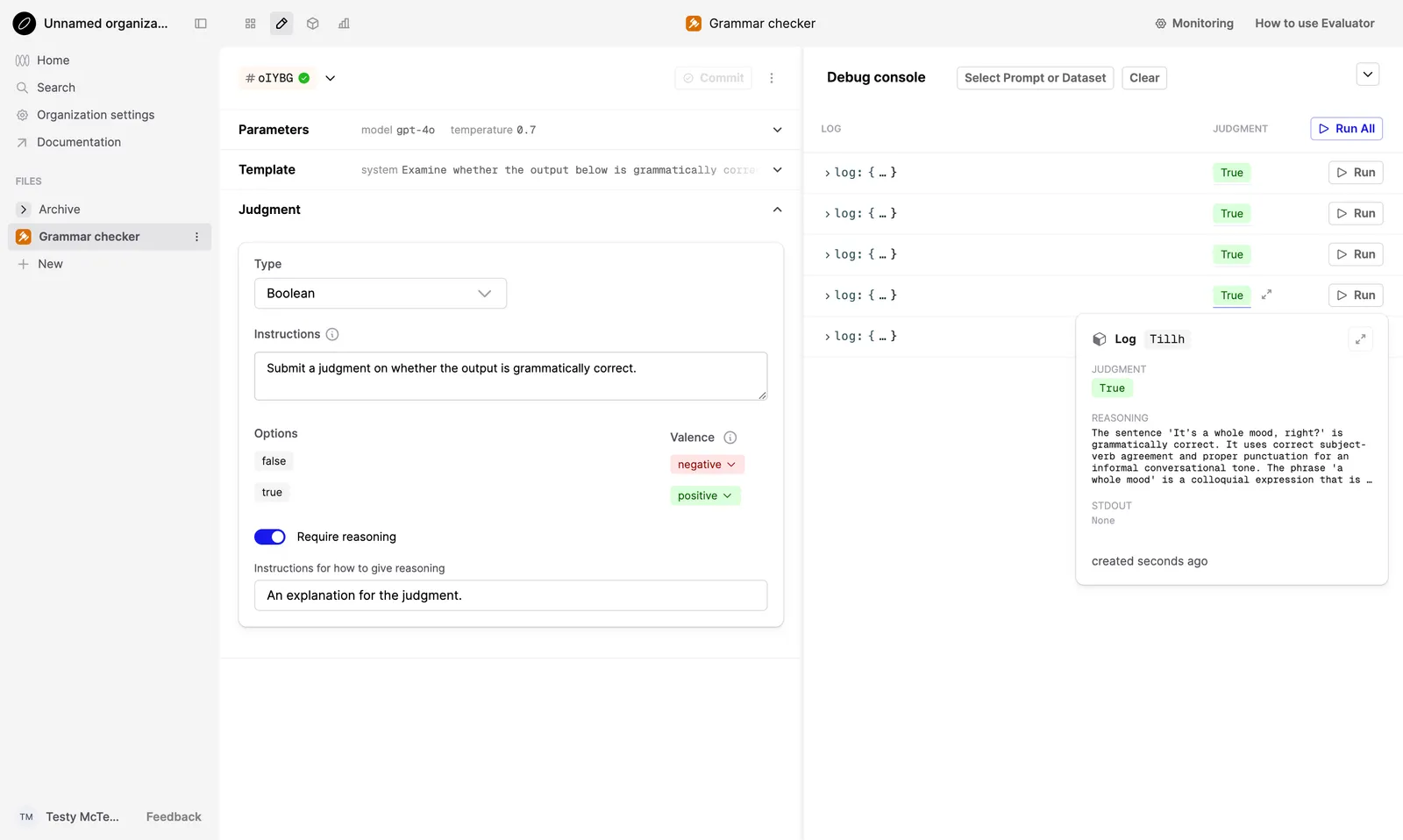 AI Evaluator Editor with function calling