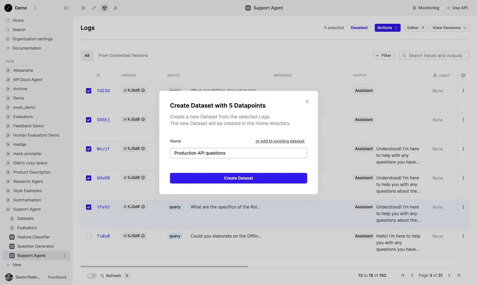 Create a new dataset from logs.