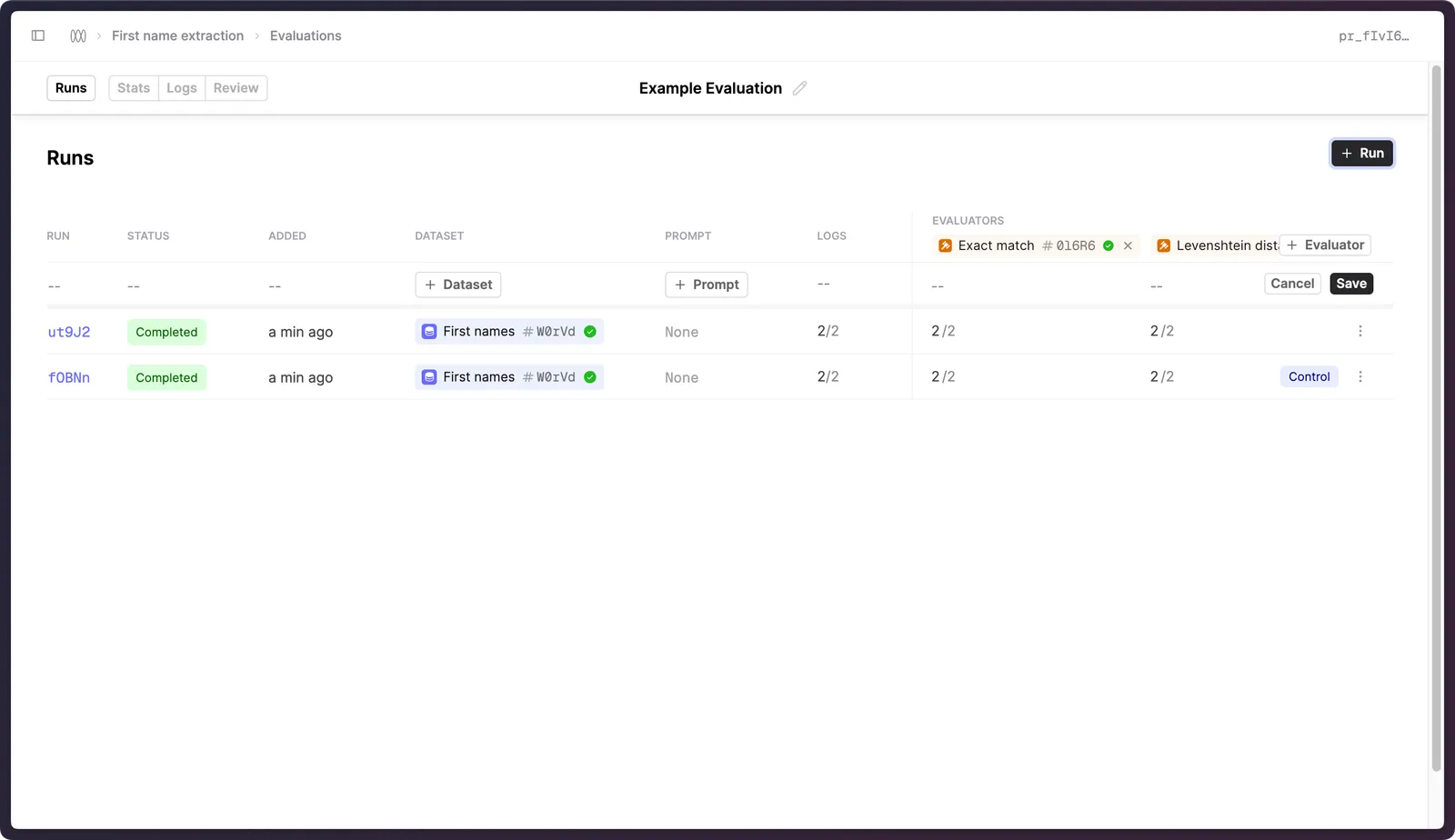Evaluation Runs table