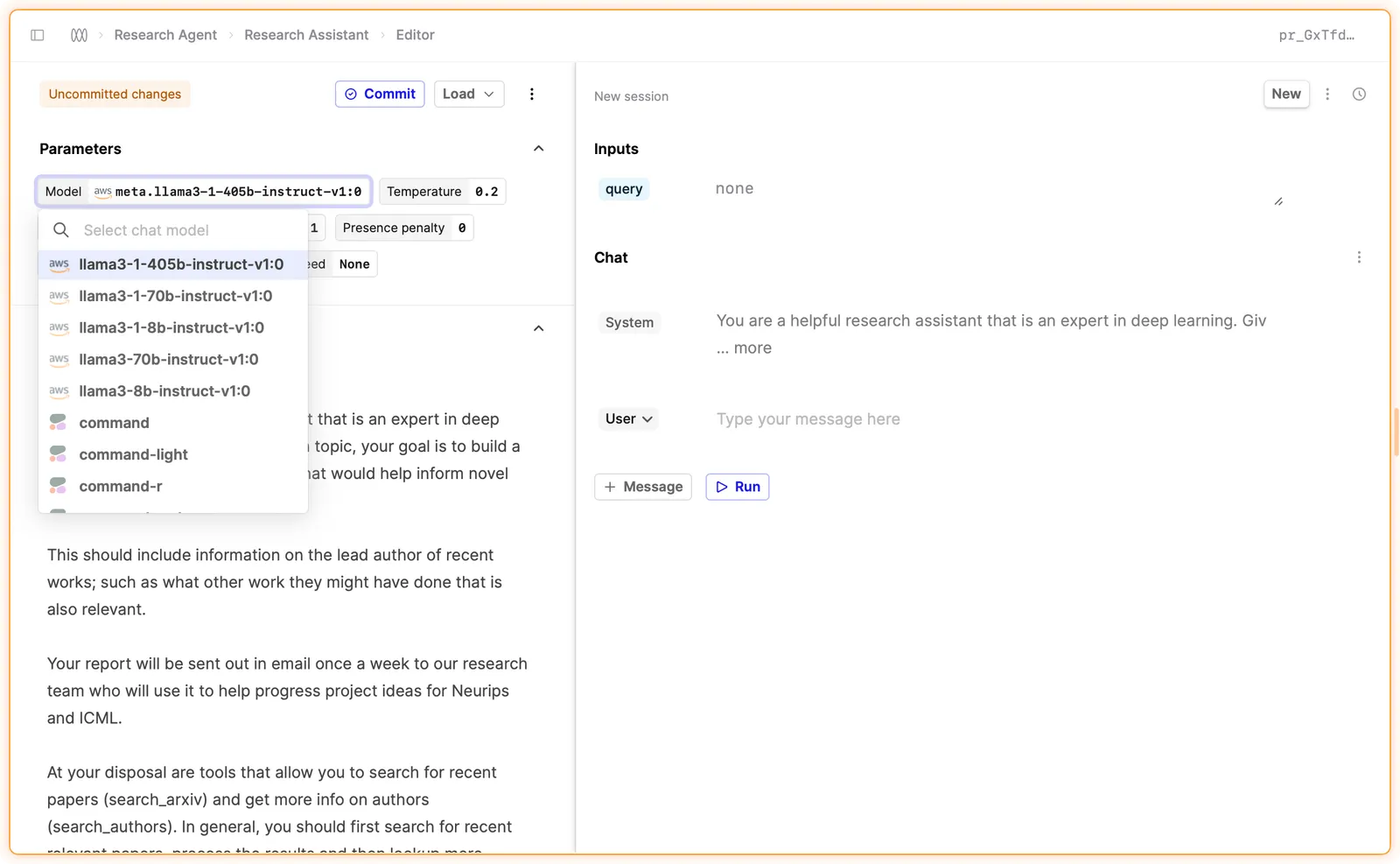 AWS Bedrock Llama models in model selection dropdown in a Prompt Editor on Humanloop