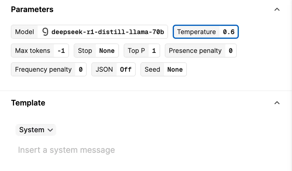 Screenshot showing parameters for the DeepSeek-R1-Distill-Llama-70B
model