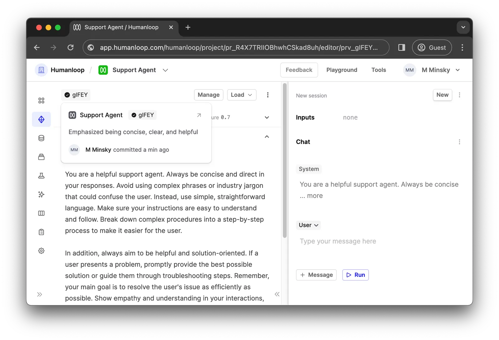 The Prompt Version label and hover card in a Prompt Editor