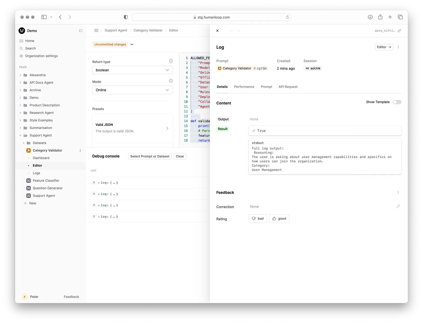 Inspect evaluator log in debug console.