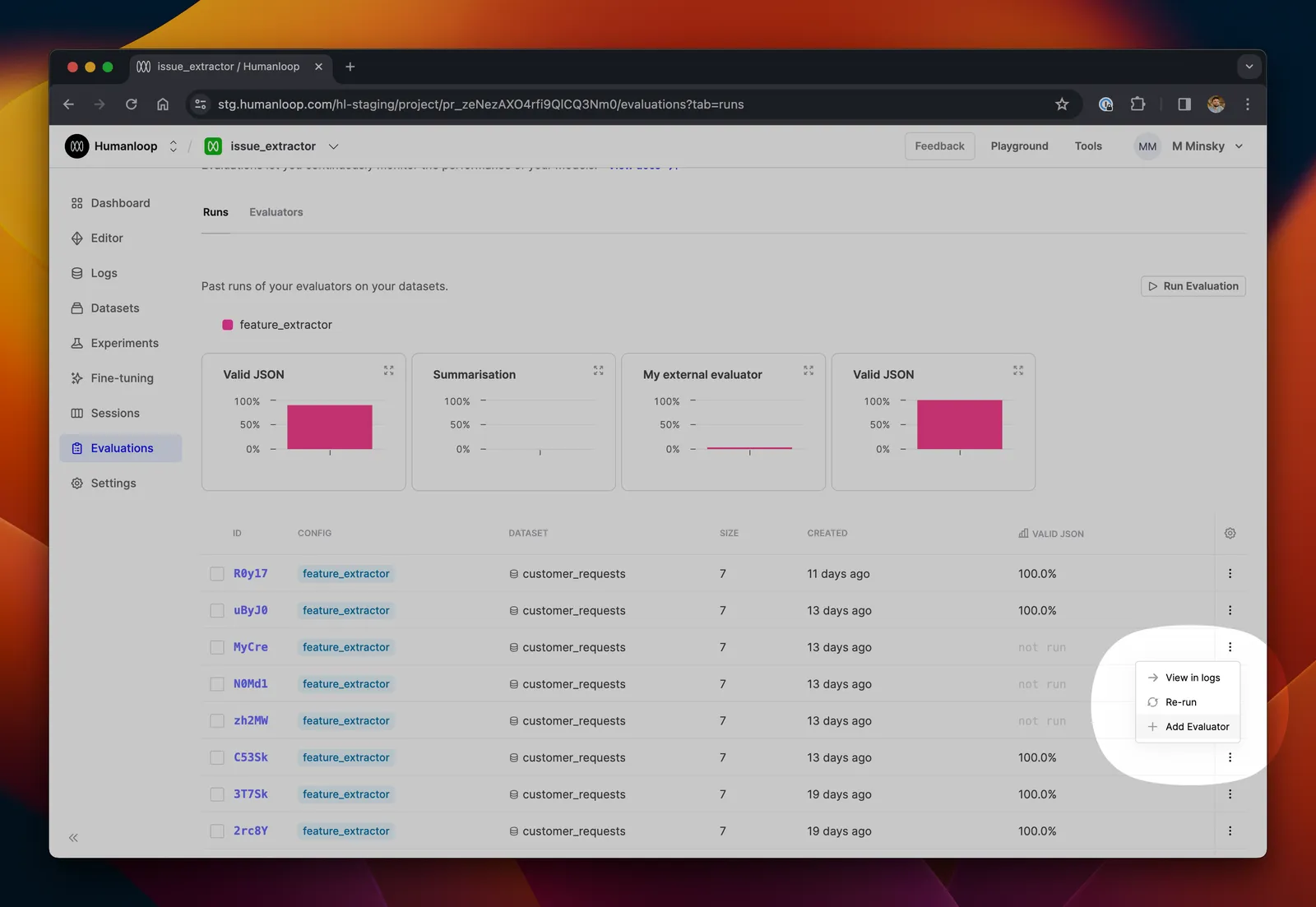 Use the **Add Evaluator** button to run more evaluators across the logs in an existing evaluation run. This can be done on any runs, including those still running or already completed.