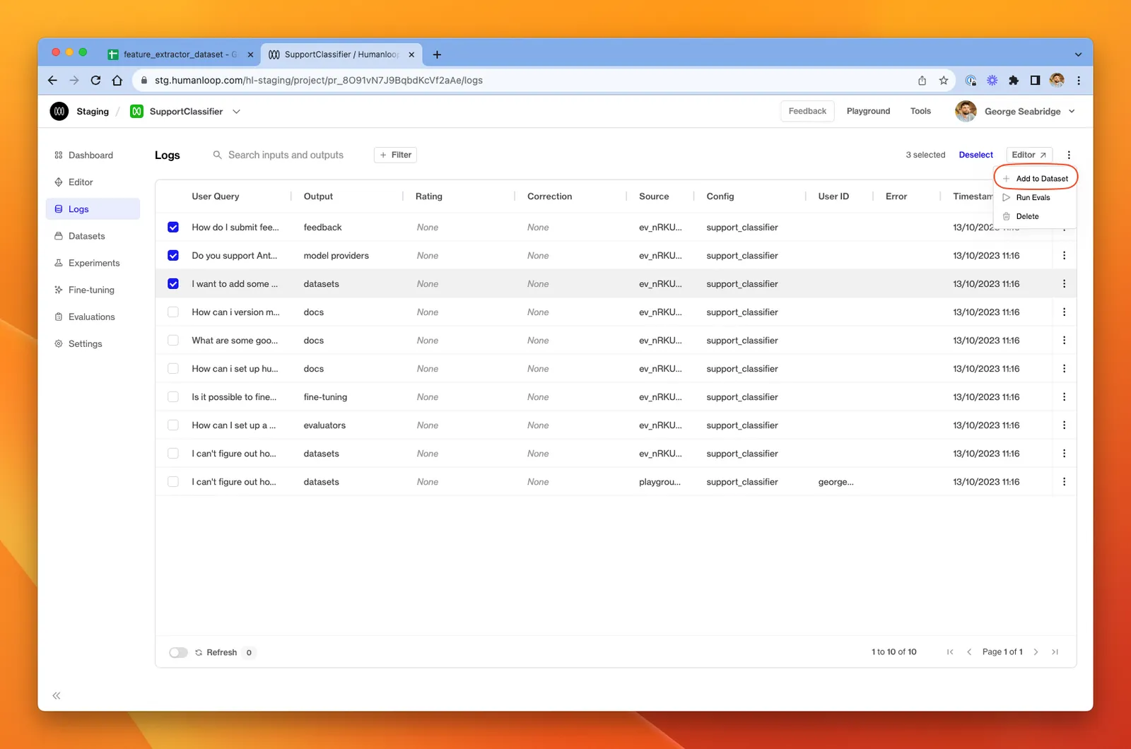 Select some logs and then click **Add to Dataset**