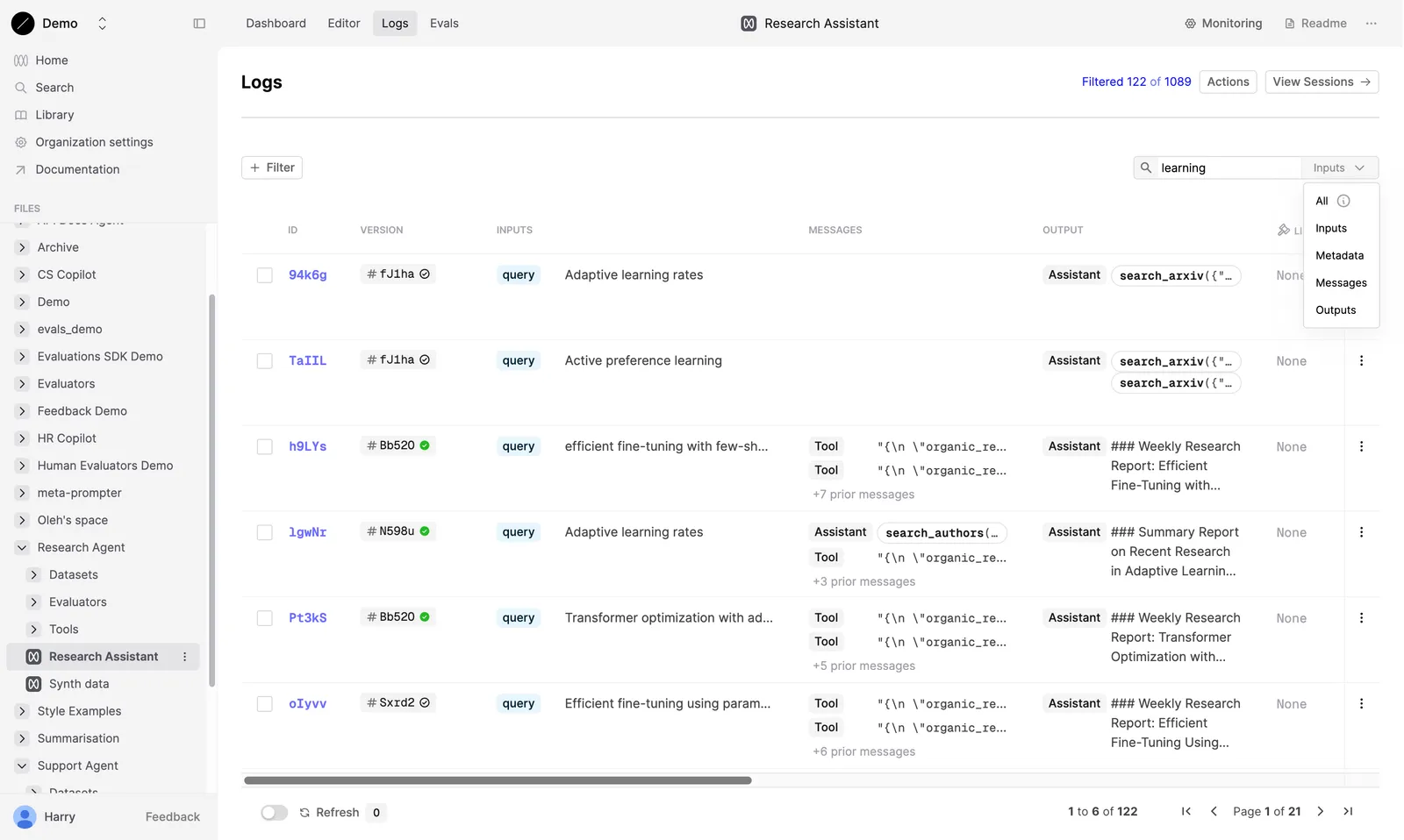 Search bar above the Logs table