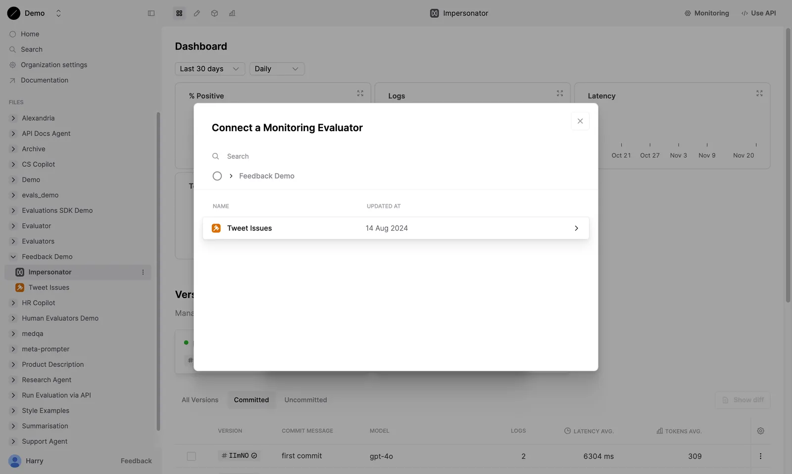 Dialog connecting the "Tweet Issues" Evaluator as a Monitoring Evaluator