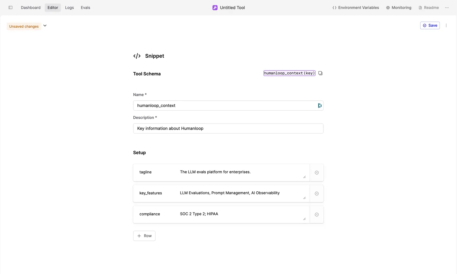 Editor for a Snippet Tool showing a `humanloop_context` Tool with various key-value pairs.