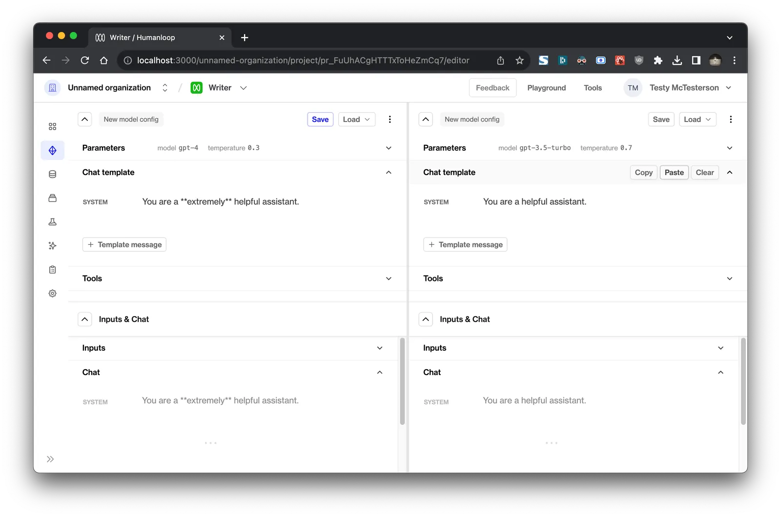 ... and the **Paste** button on the right panel will then update its chat template.