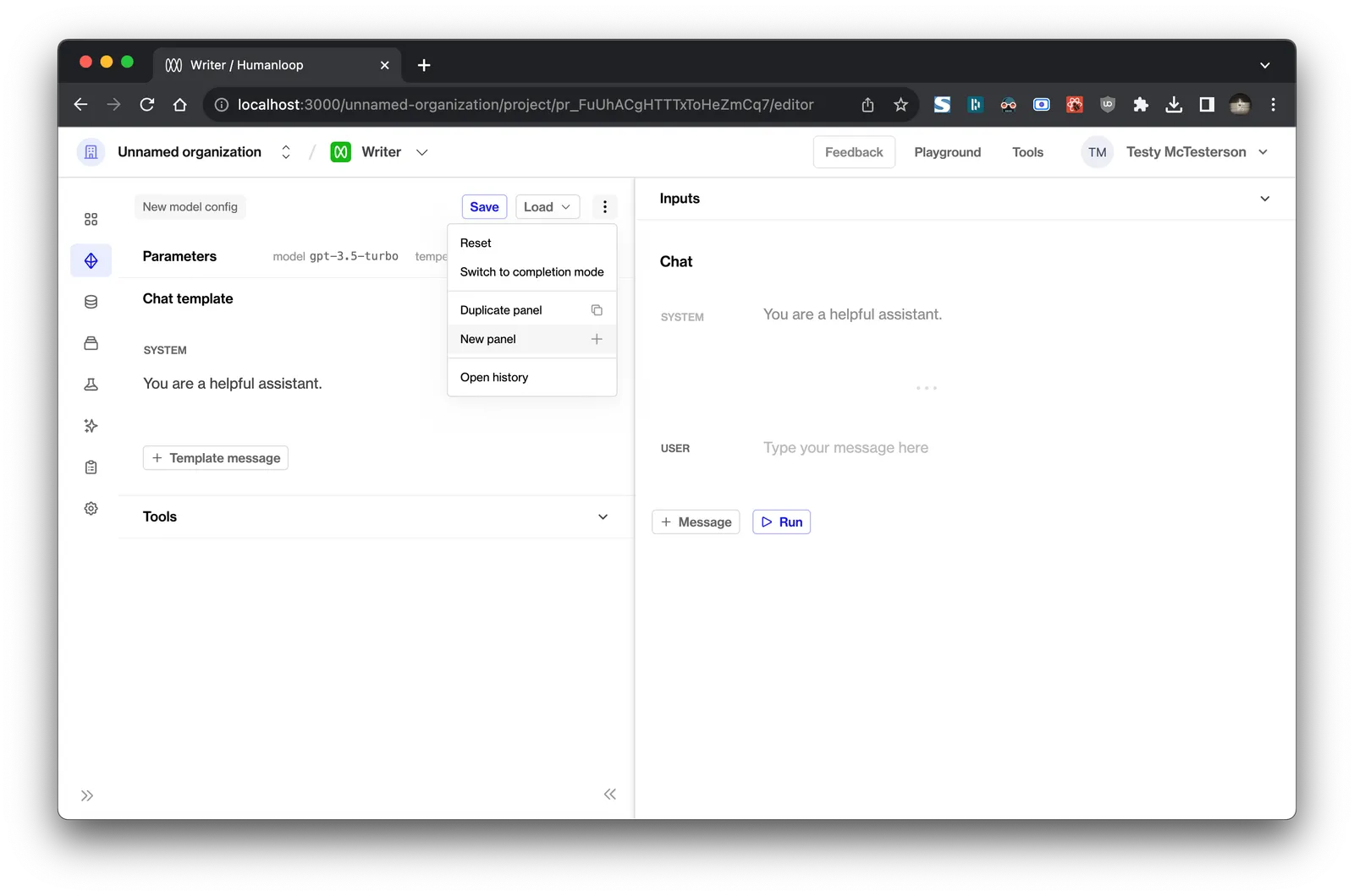 Clicking **New panel** in the dropdown menu...