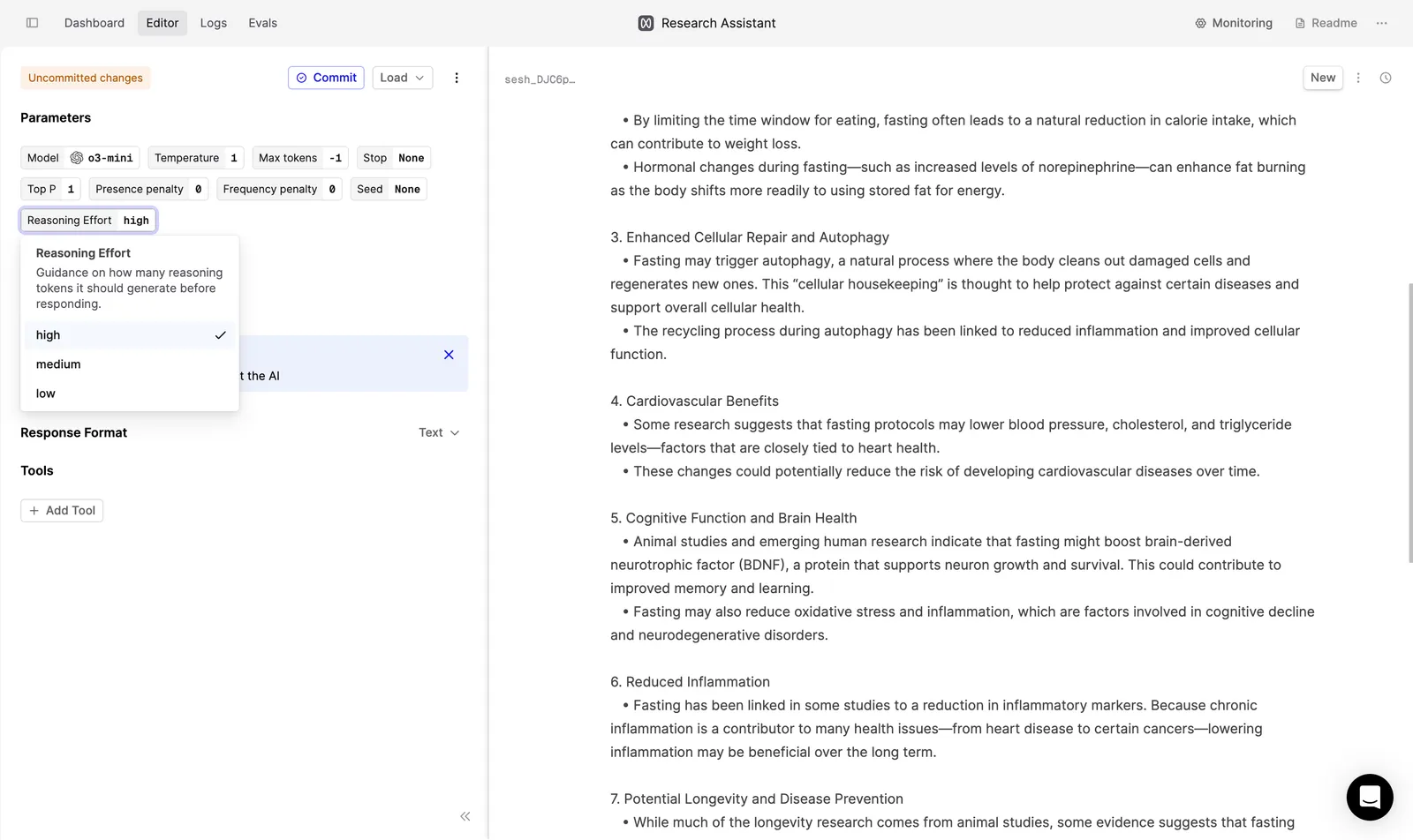 Screenshot showing reasoning effort in the Editor