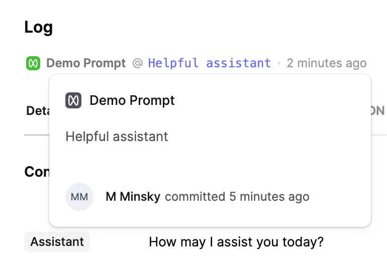 Prompt Version popover in the Logs slideover