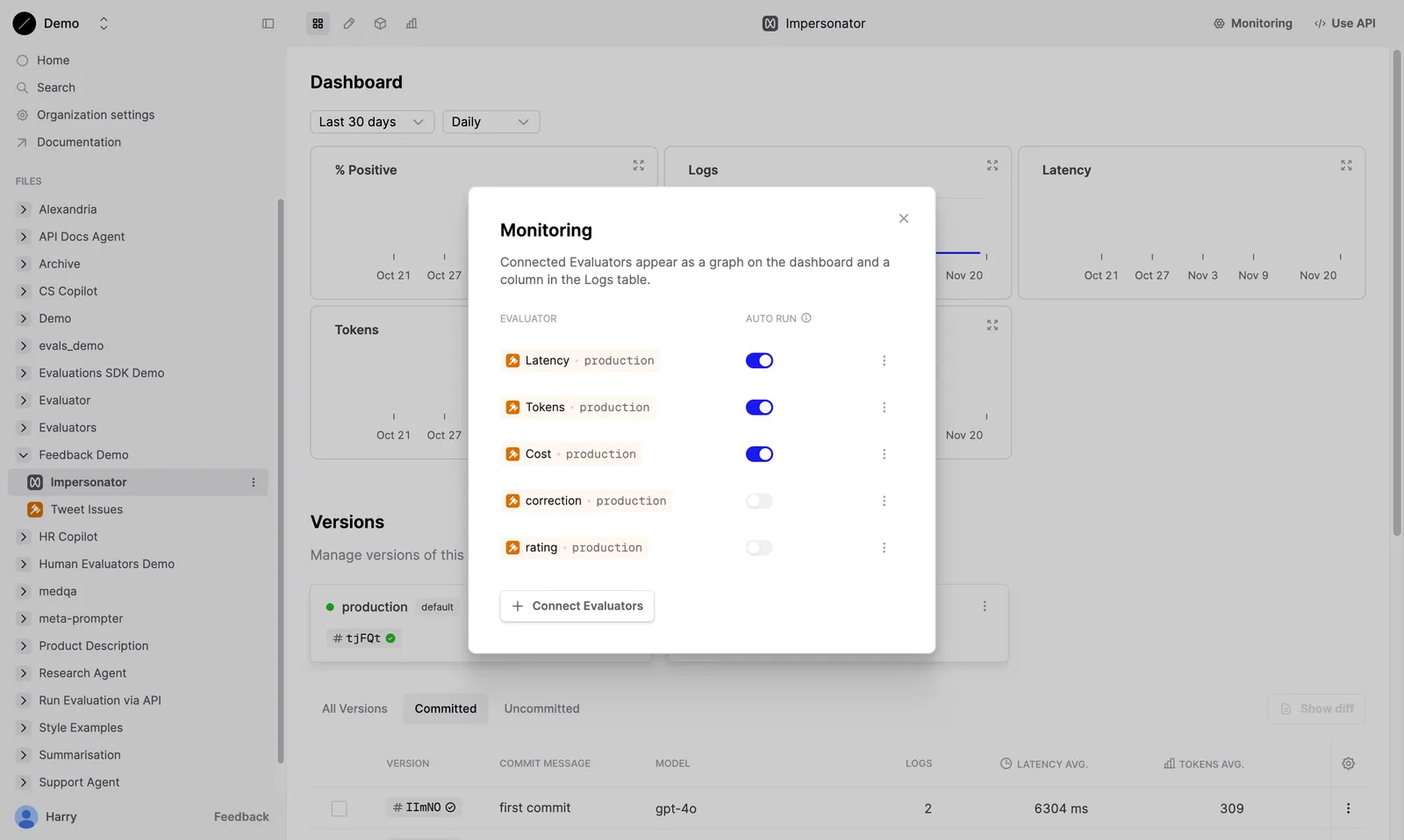 Prompt dashboard showing Monitoring dialog