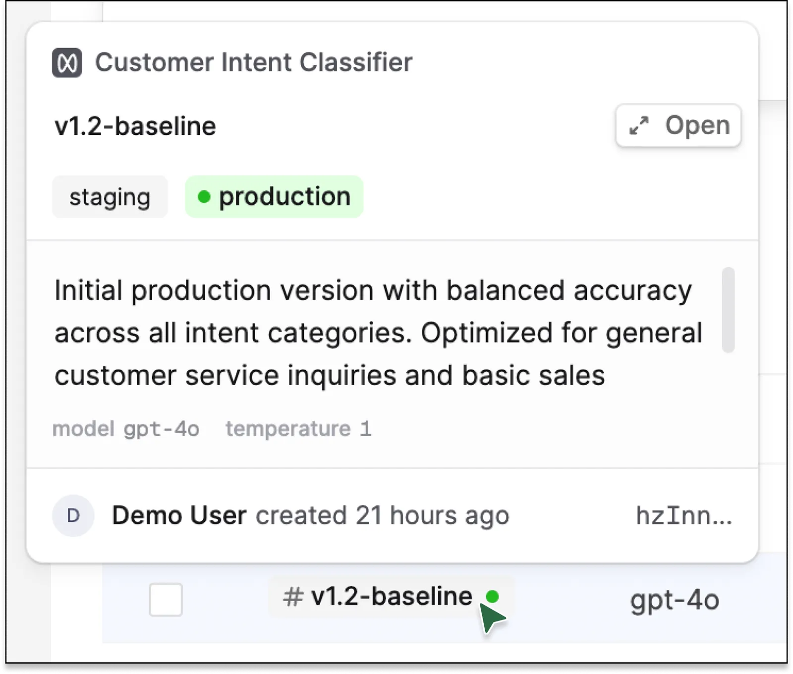 Screenshot showing the version details
popover
