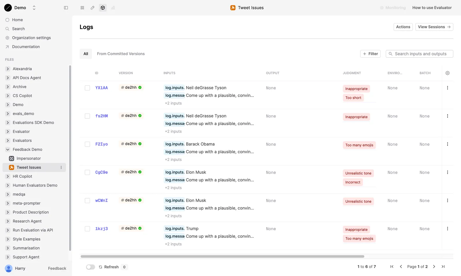 Logs table for "Tweet Issues" Evaluator showing feedback