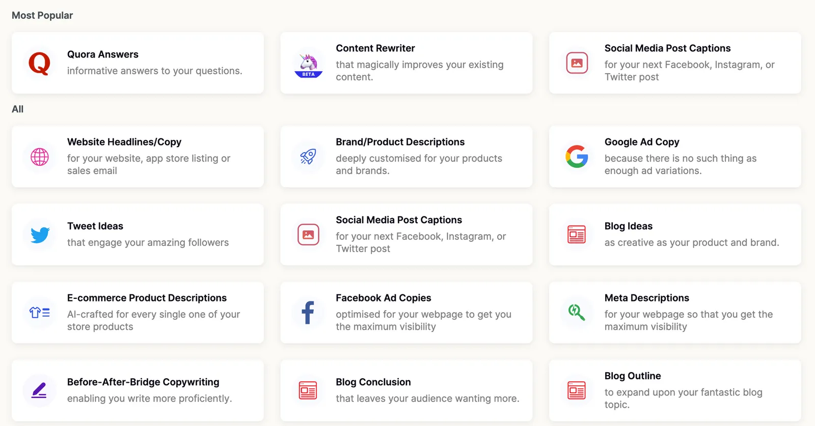 Screenshot from Peppertype AI Copywriting assistant, each of these ‘apps’ corresponds to a project within Humanloop for managing the best way to get generations from large language models.