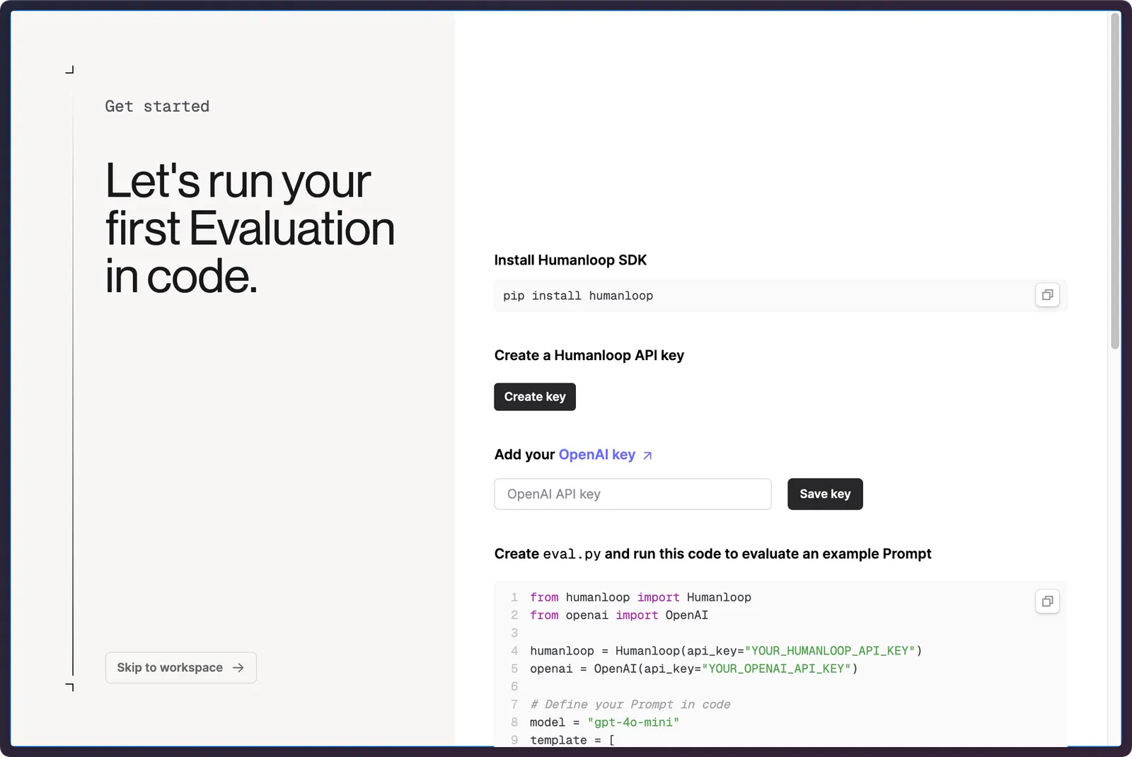 Onboarding wizard with code snippet