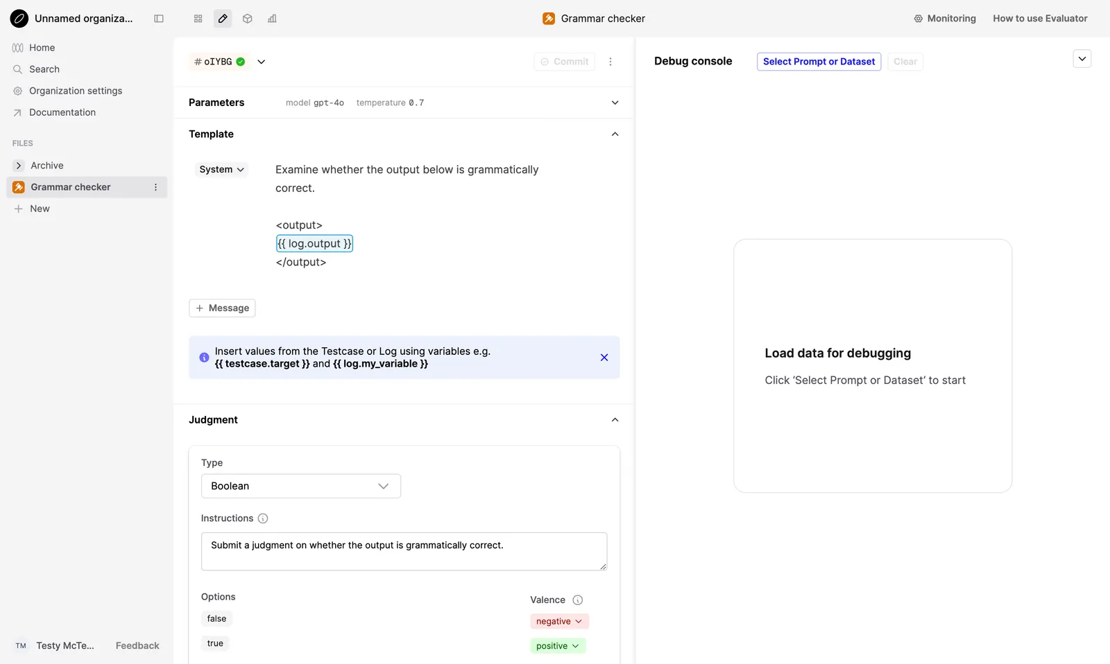 AI Evaluator Editor with function calling