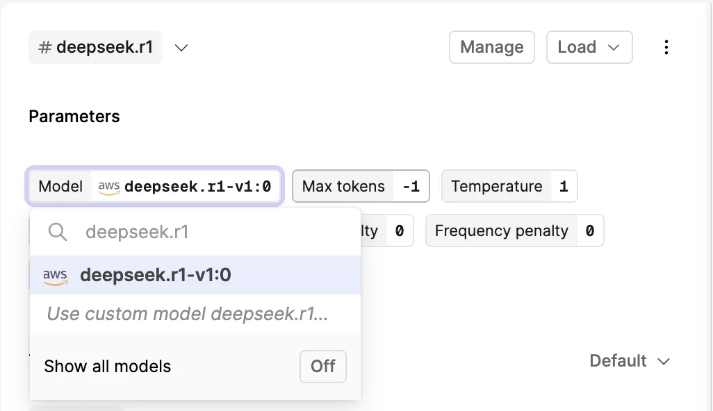 Screenshot showing DeepSeek R1 through AWS Bedrock in Model Selection Dropdown