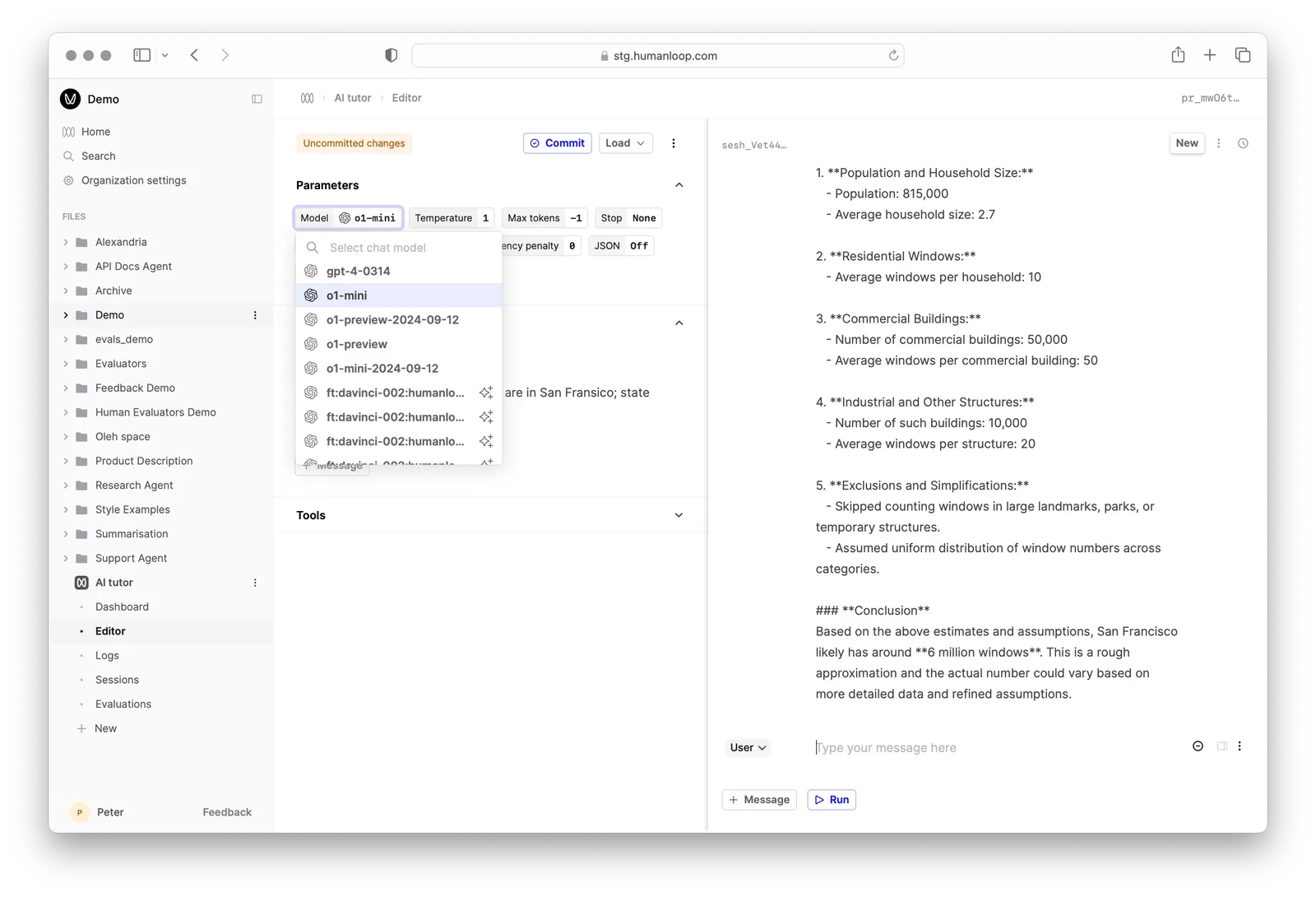 o1 in the Humanloop Editor
