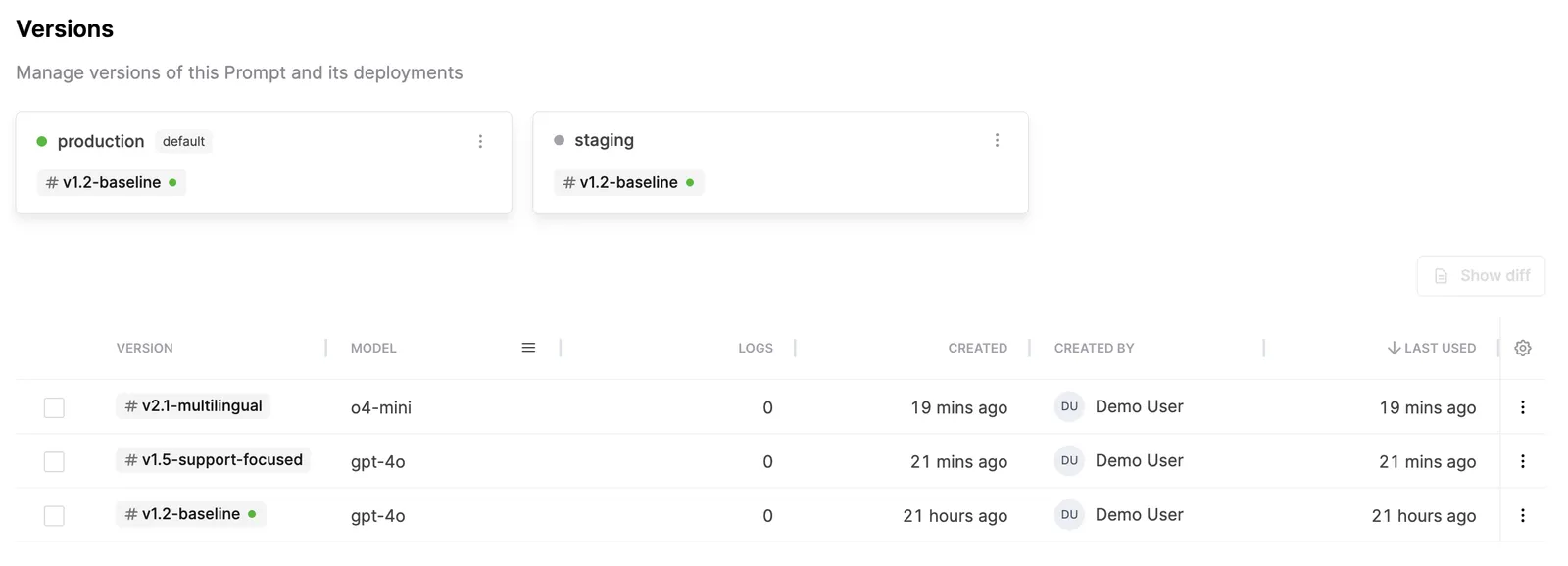 Screenshot showing version names in the
UI
