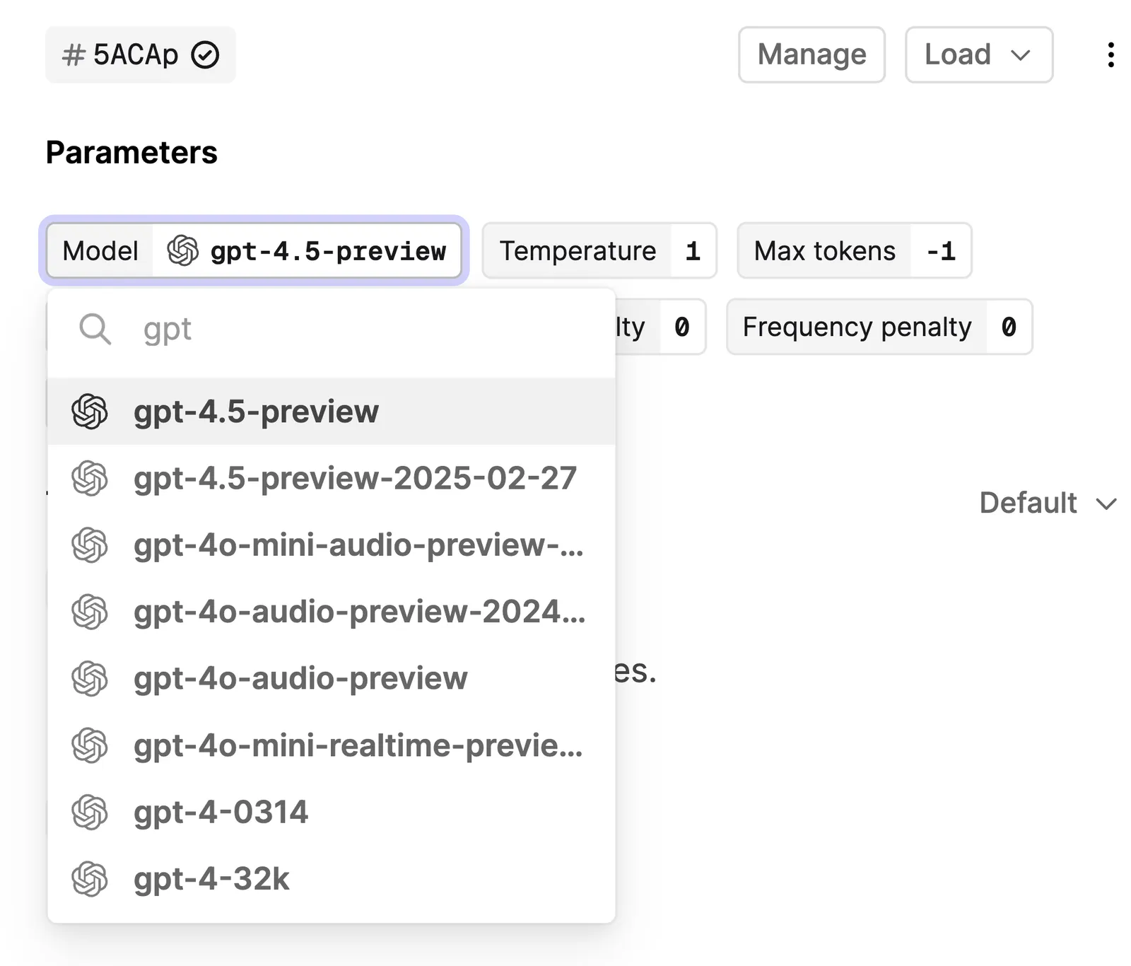 Screenshot showing GPT 4.5 Preview