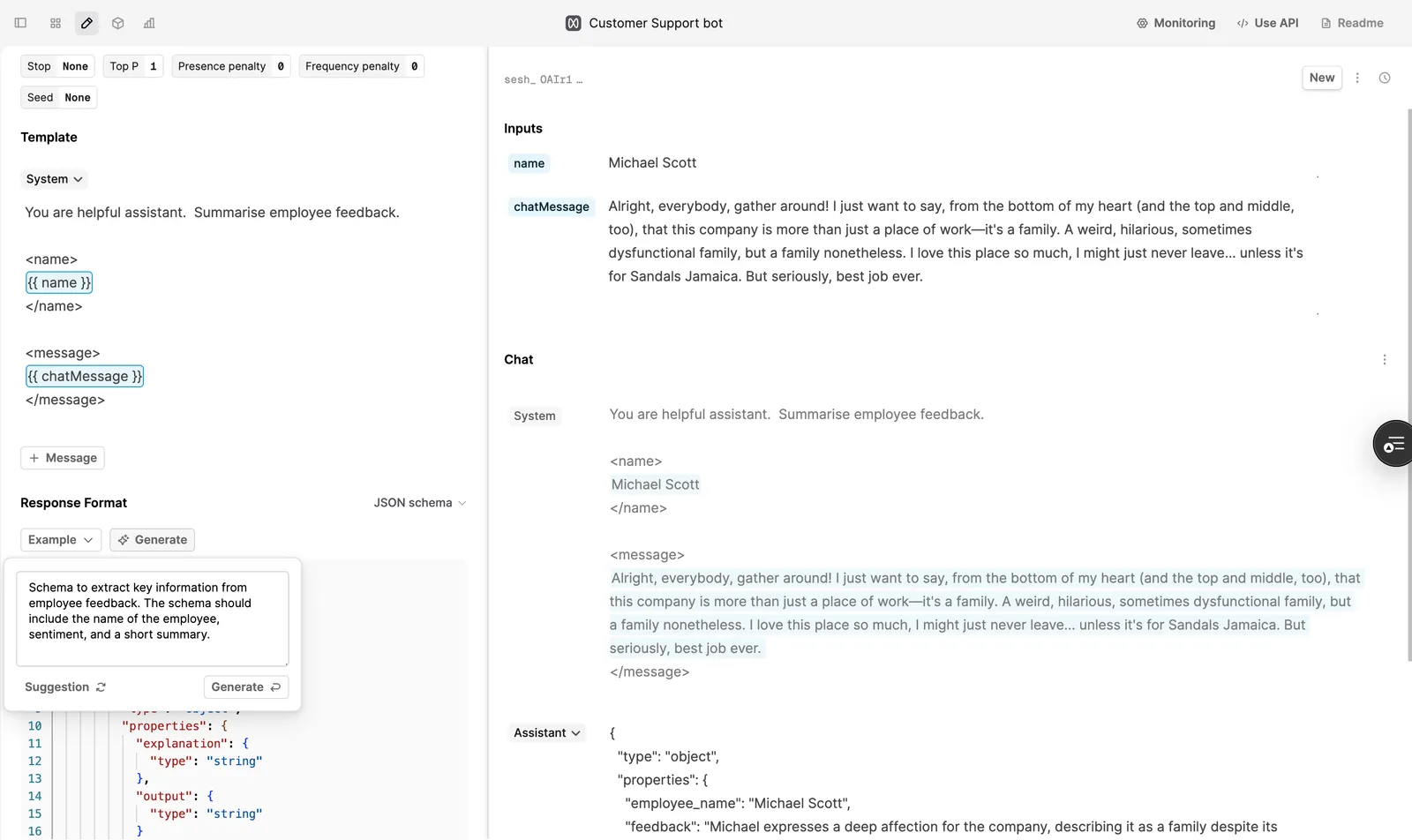 Screenshot showing structured outputs in the Editor