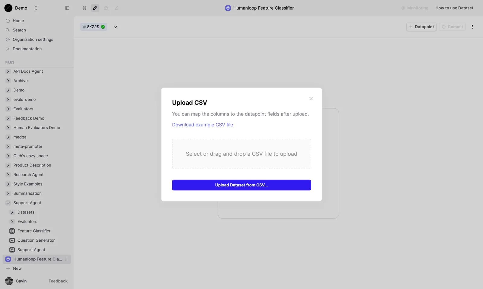 Uploading a CSV file to create a dataset.