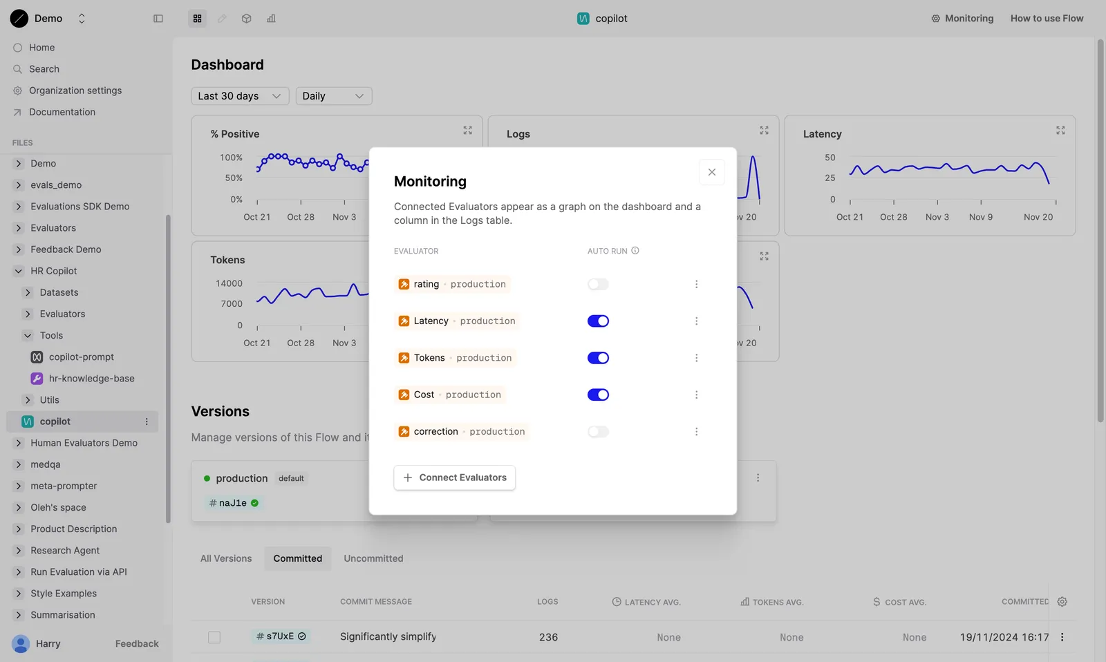 Dashboard showing Monitoring dialog