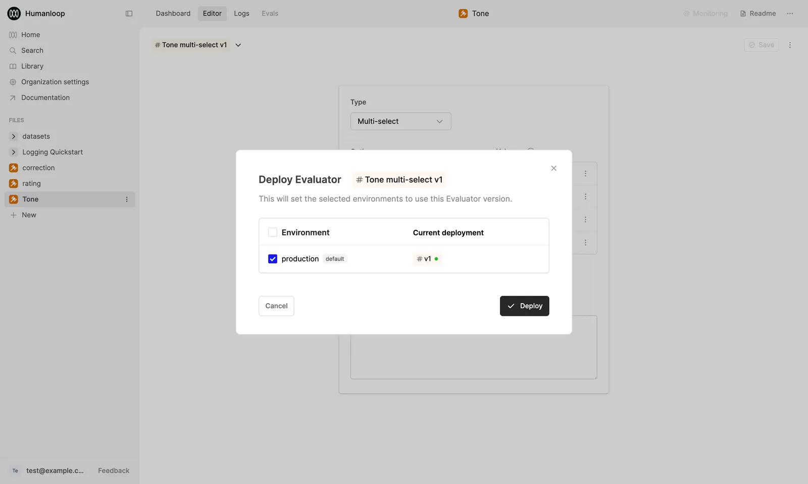 Dialog deploying the "Tone" Evaluator to the "production" Environment