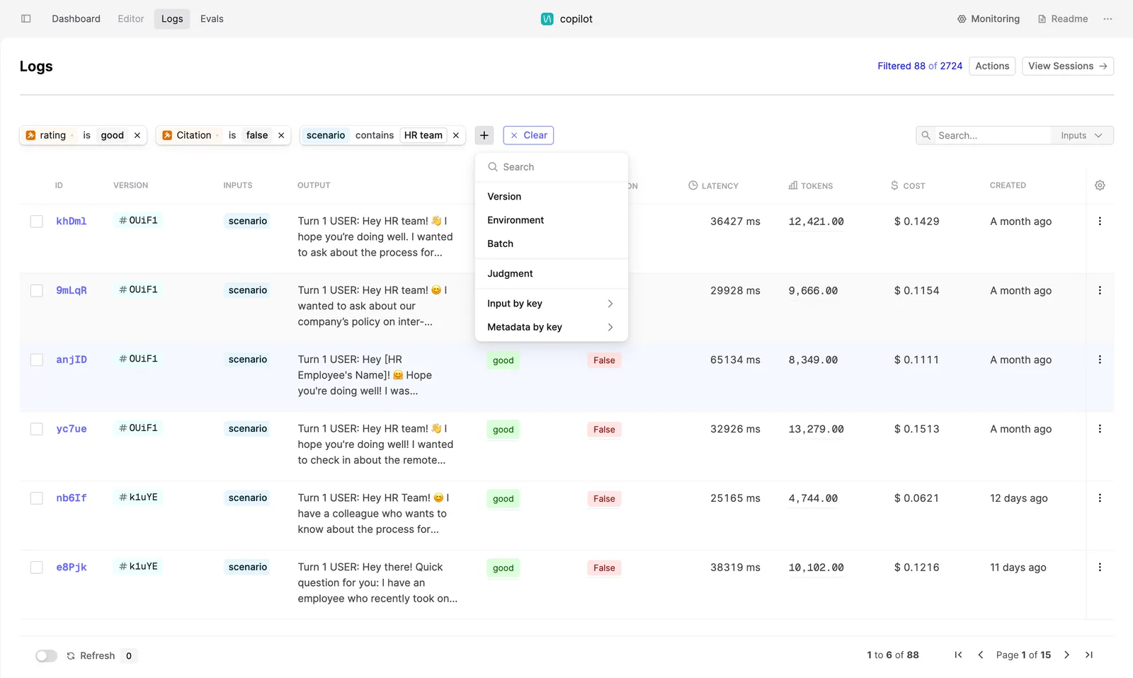 Screenshot showing the new filters in the Logs tab