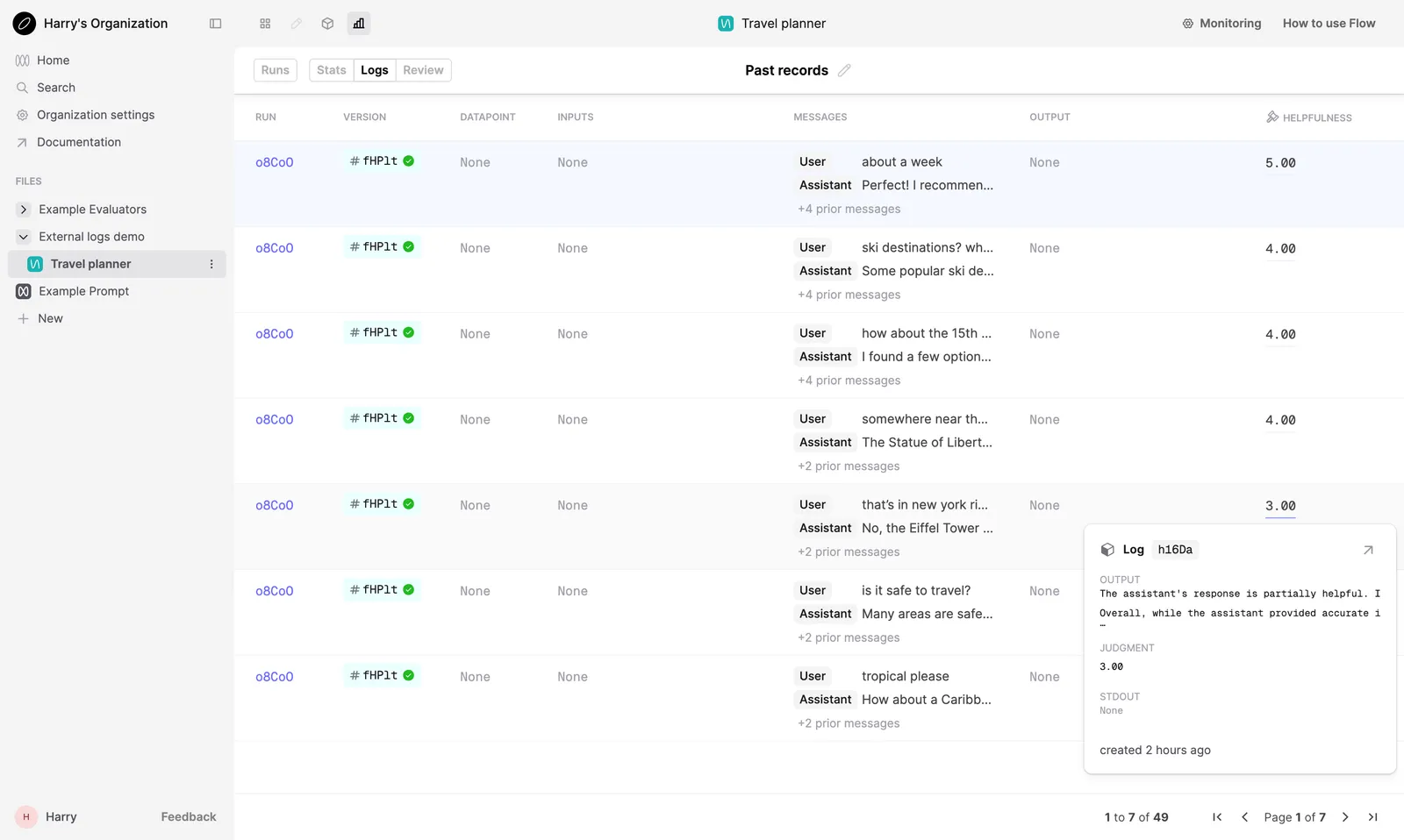 Logs tab of Evaluation